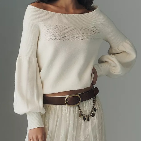 Anthropologie Sweaters - Anthropologie Women’s Ivory Wool Off-Shoulder Ruffle-Edge Sweater Size M